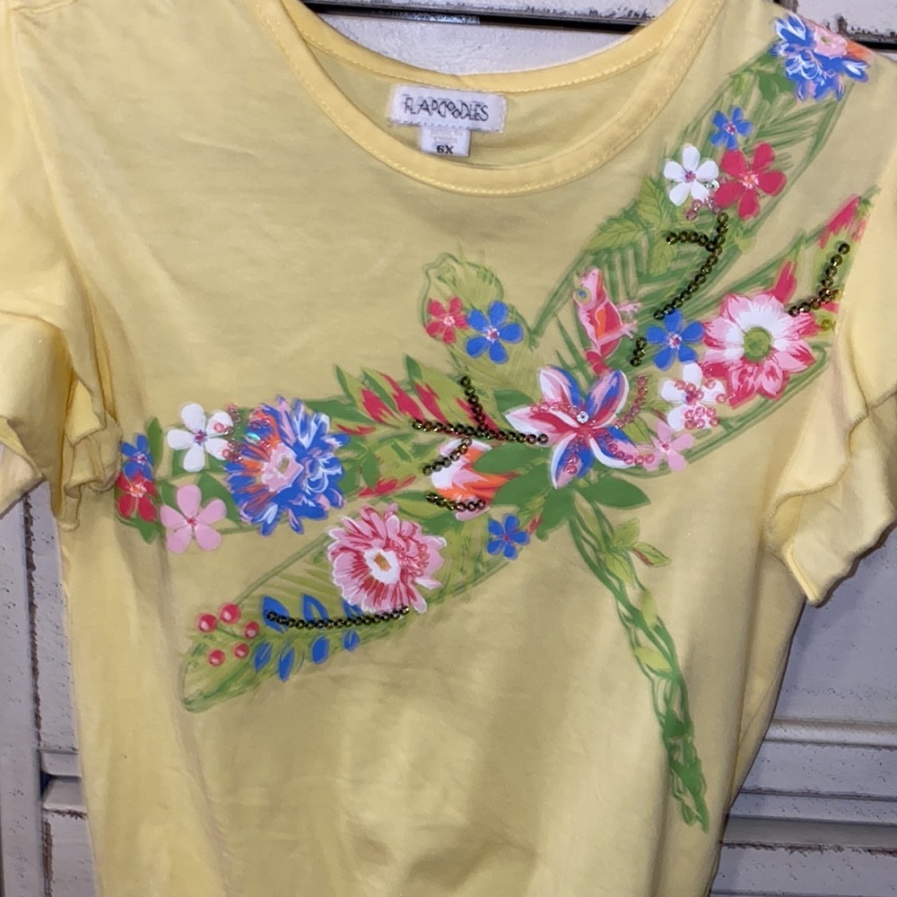 Flapdoodles yellow shirt flutter sleeves green Dragonfly floral sequin design 6X - Picture 2 of 8